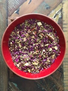 Red cabbage yellow lentil salad